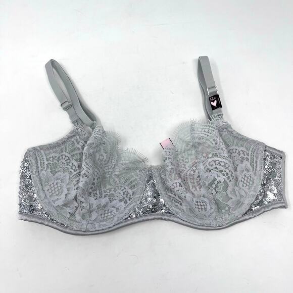 Victorias Secret Push Up Bra Womens 32C Dream‎ Angels Gray Lace Silver Sequins - Picture 1 of 5